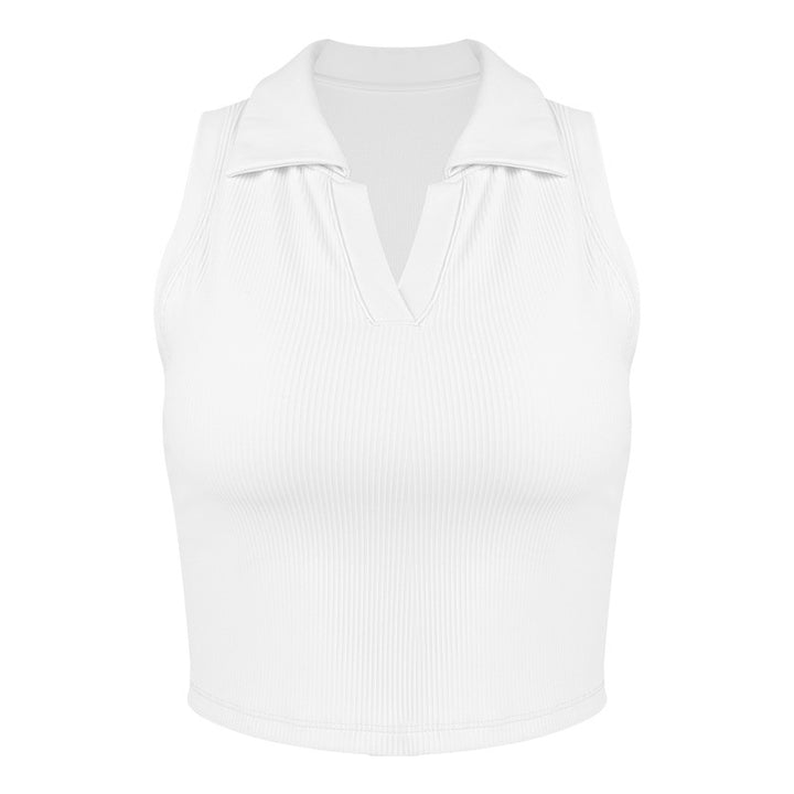 Dame sporty ærmeløs crop-top med elegant krave og innovativ tekstur Stilla