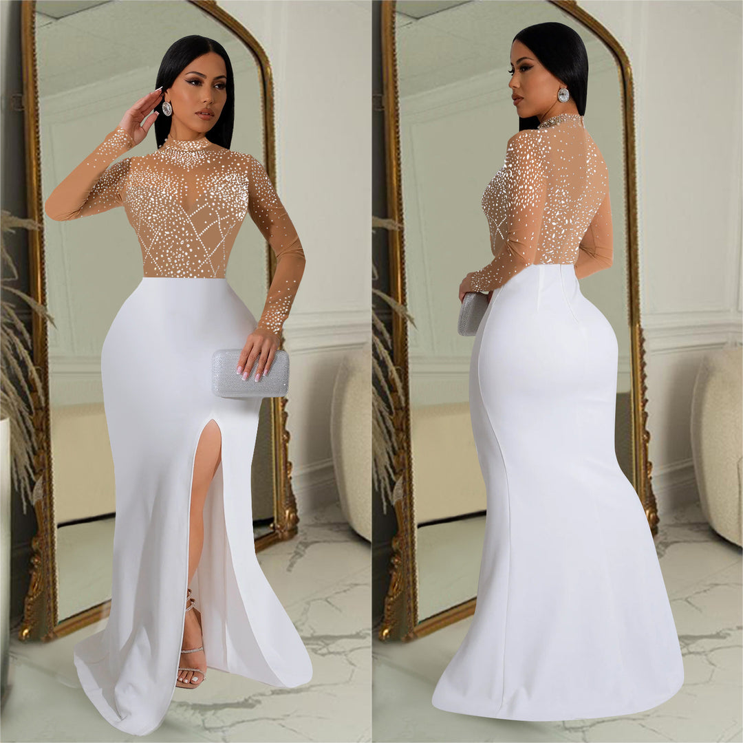 Dame Elegant aftenkjole med dekorative rhinestones-applikationer og nobelt slids Stilla