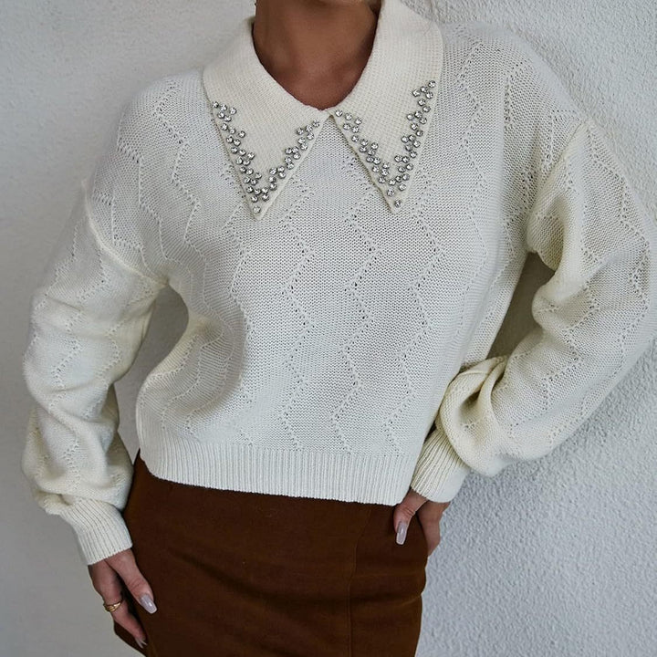 Dame strikpullover med glitrende krave Stilla