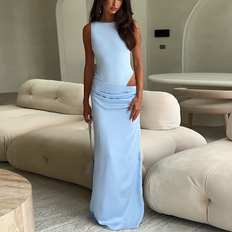 Dame elegant maxikjole med asymmetrisk design og raffineret taljeindsats Skovae
