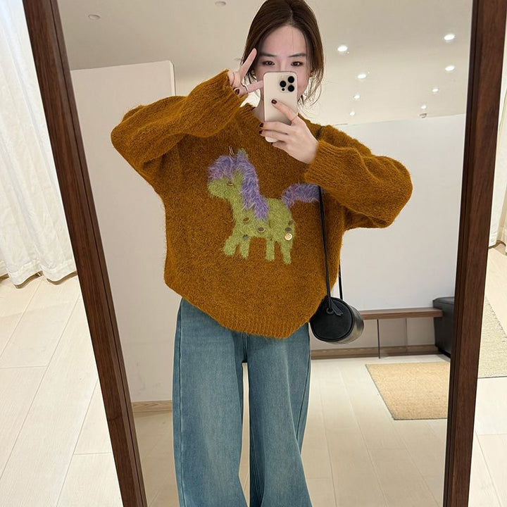 Kvinders hyggelige sweater med kreativ dyre applikation Stilla