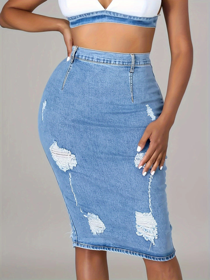 Dame Denim Blyantskørt med stilfulde Ødelagte-detaljer og høj talje Stilla