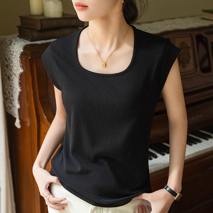 Dame Ribbet Kortærmet T-shirt med vid udskåret Rundhalsudskæring Stilla