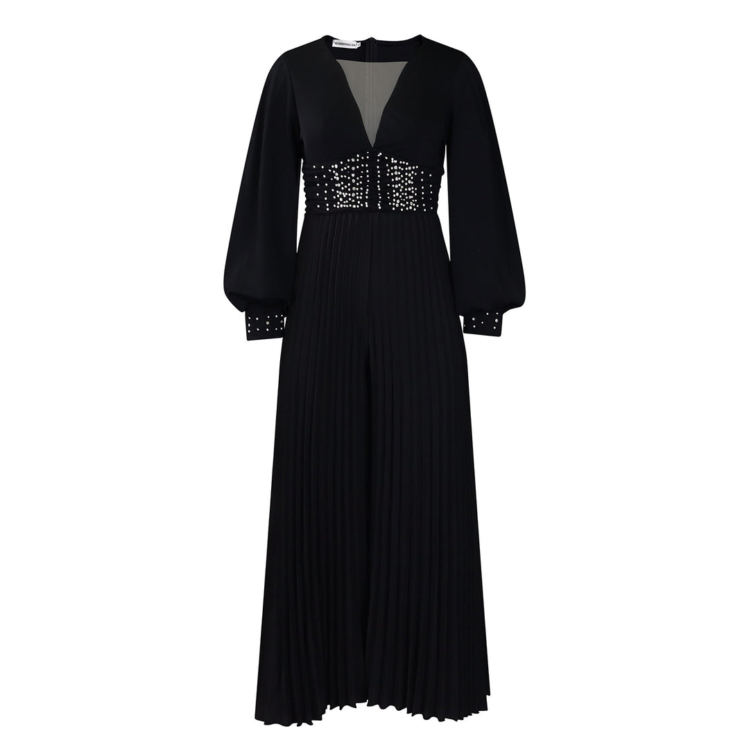 Dame Elegant Plisseret Jumpsuit med dyb V-udskæring og glitrende taljedetalje Stilla