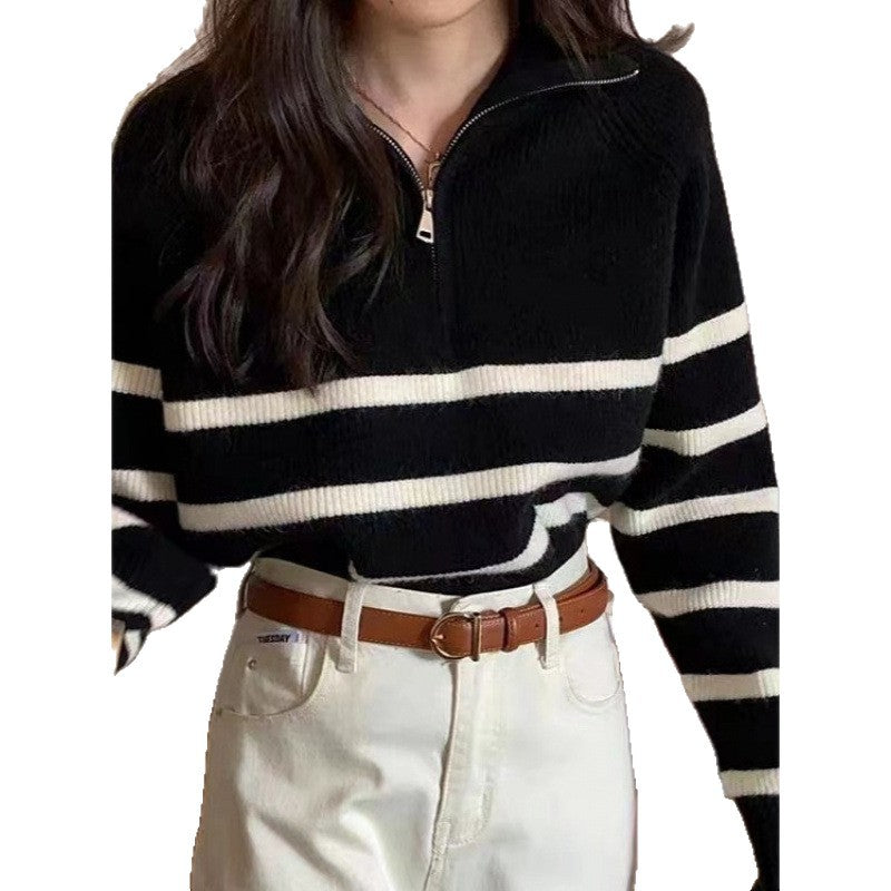 Dame mode sweatshirt med en solid lynlås og stribet mønster Stilla
