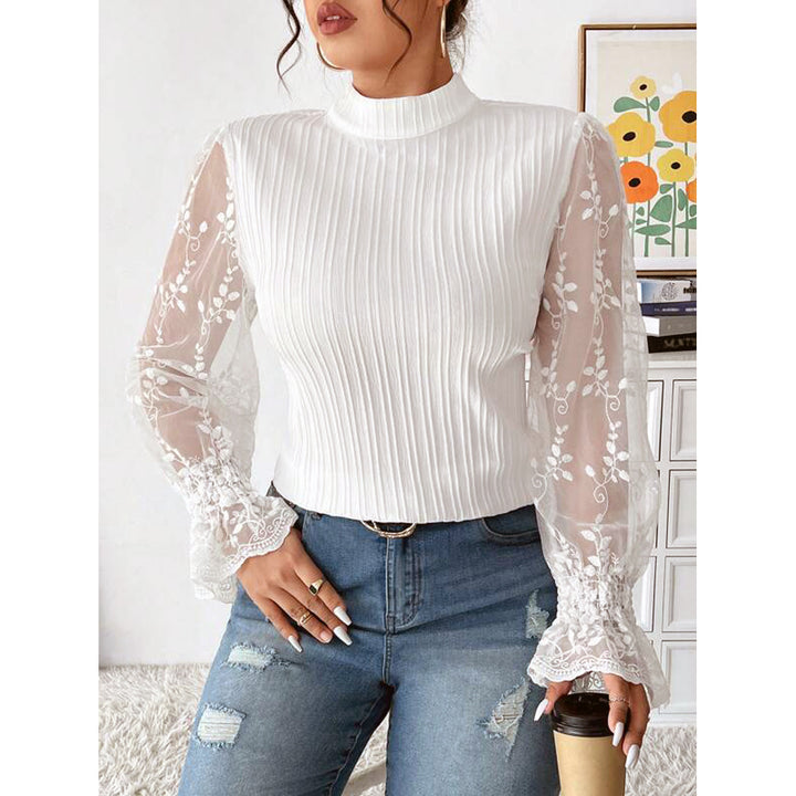 Dame Elegant bluse med gennemsigtige ærmer og rib struktur Stilla