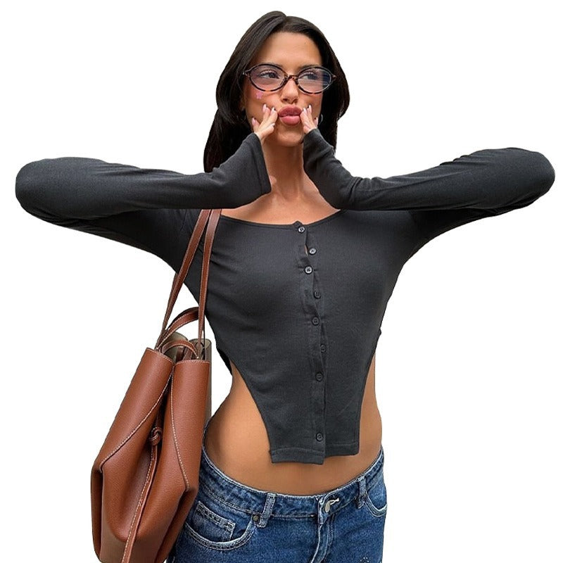 Dame Langærmet Button-Up Crop Top Stilla