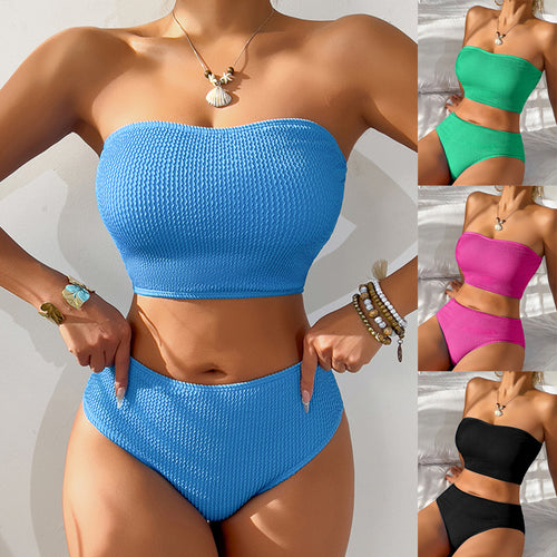 Dame Bandeau bikini sæt med højt benudskæring og struktureret overflade Stilla