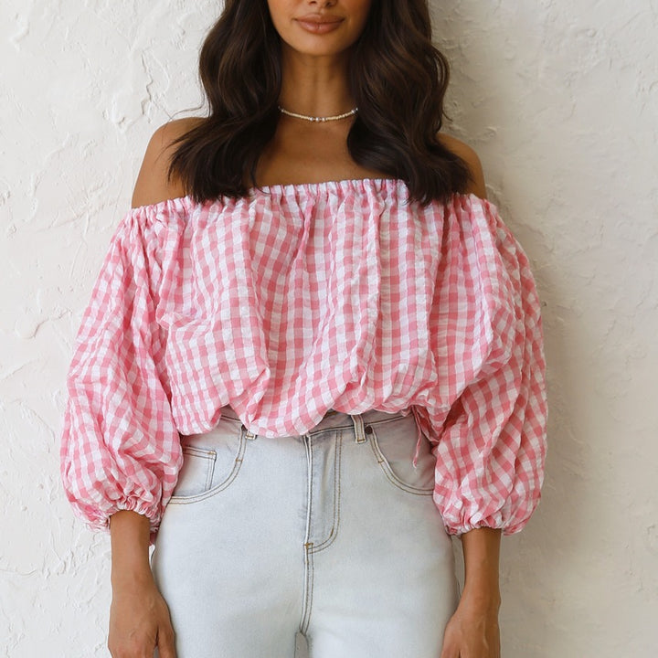 Dame Off-Shoulder Gingham Bluse med Puffærmer Stilla