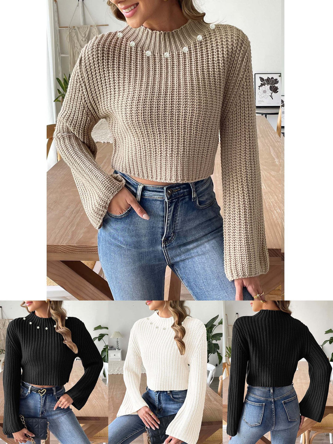 Dame strikpullover med rummelig pasform og dekorative perler Stilla