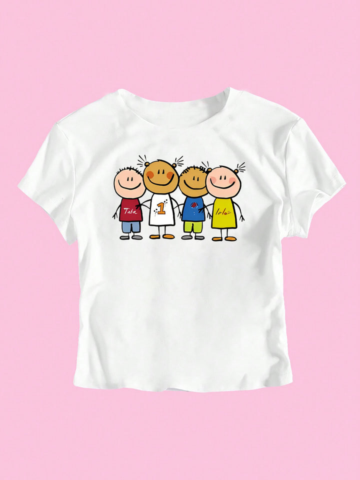 Dame Crop-T-Shirt med kreativt børnetegning mønster Skovae