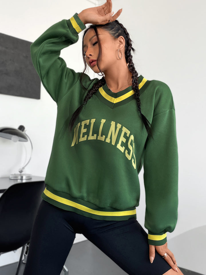 Kvinders sweatshirt med V-hals og kreativ wellness print Stilla