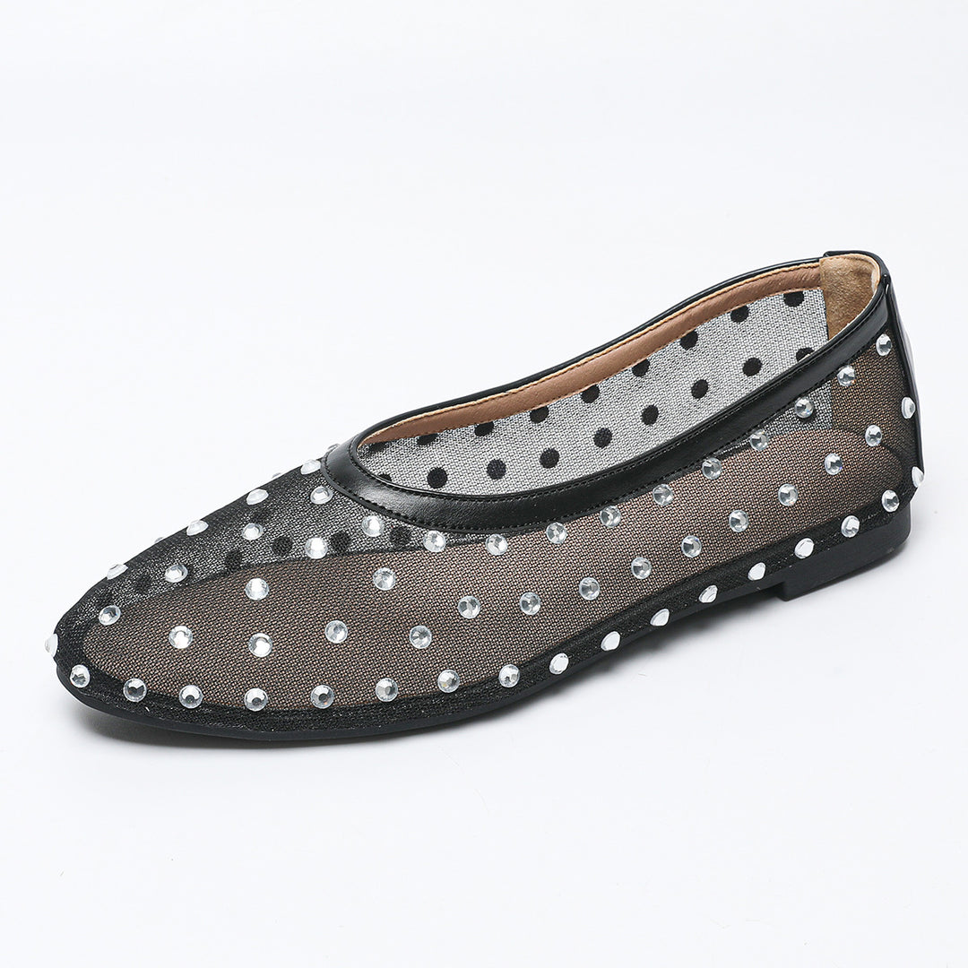 Dame ballerinas med glitrende strass sten og gennemsigtigt netmateriale Stilla