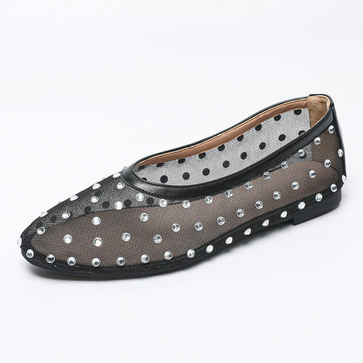Dame ballerinas med glitrende strass sten og gennemsigtigt netmateriale Stilla