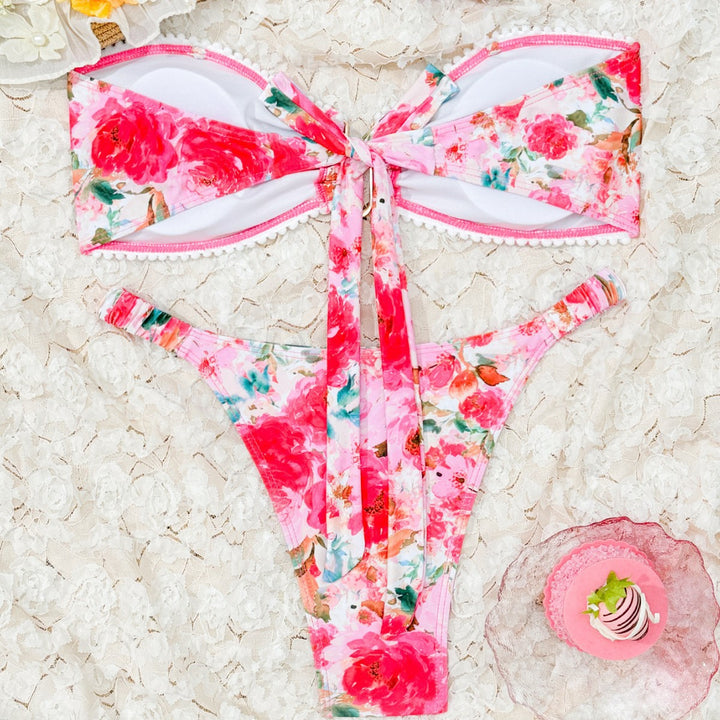Dame Floral Print Bandeau Bikini Sæt Stilla