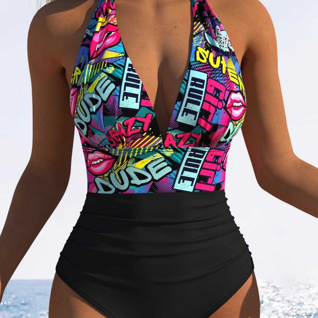 Dame one-piece badeanstalt med floral V-udskæring og høj talje Skovae