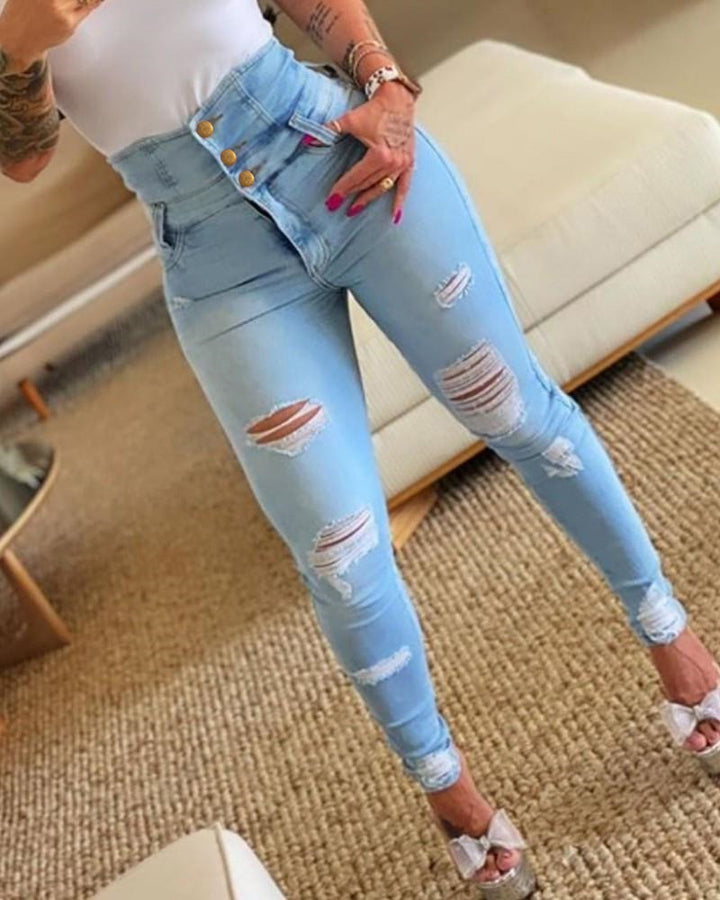 Dame Slim Fit Jeans med højtalje og moderne destroyed-detaljer Stilla