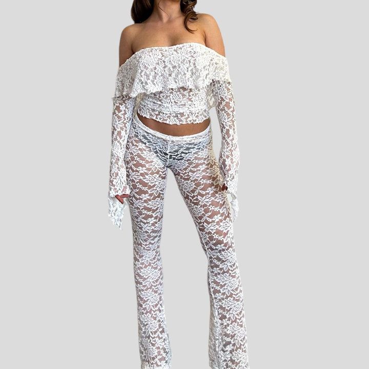 Dame lace crop top med brede ærmer og matchende bukser Skovae