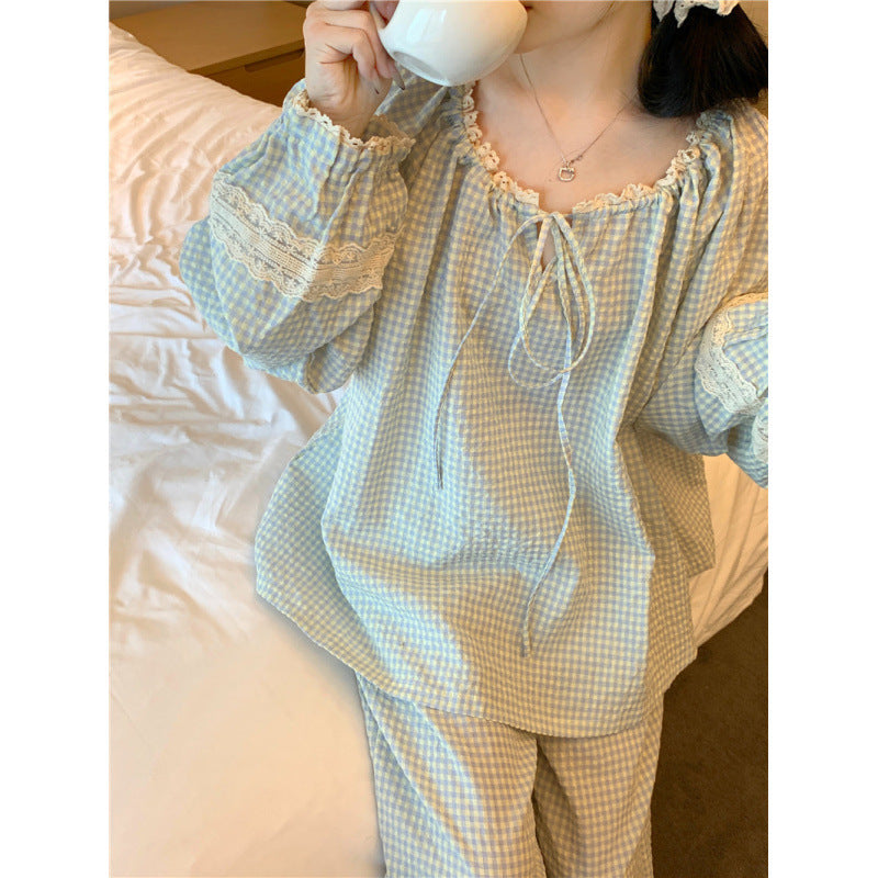 Femme Behageligt Ruderet Pyjamas Sæt Stilla