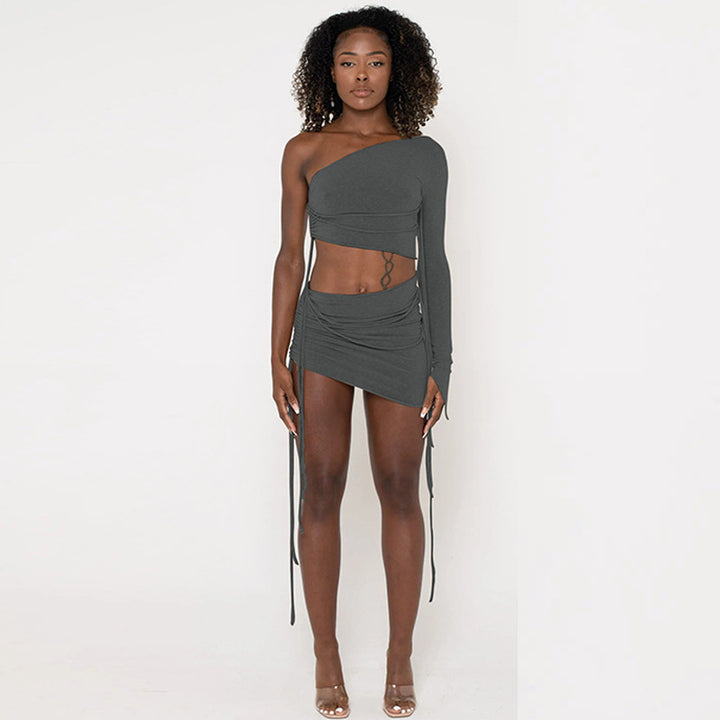 Dame Crop-Top og Miniskørt Sæt med off-shoulder Design og Rüschen Stilla