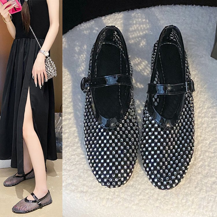 Dame Ballerinas med funklende rhinsten og justerbart ankeltrem Stilla