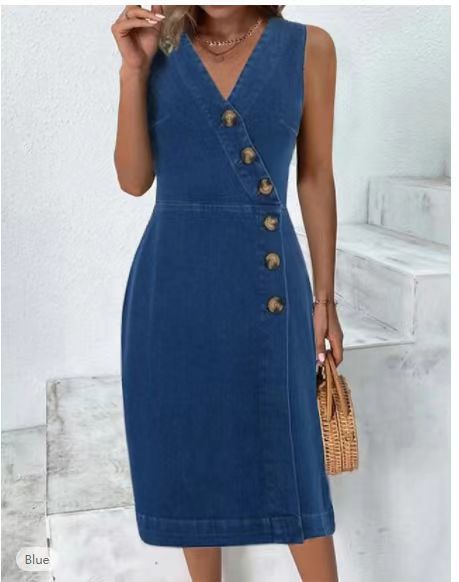 Dame Knaplukning Denim Midi Kjole Stilla