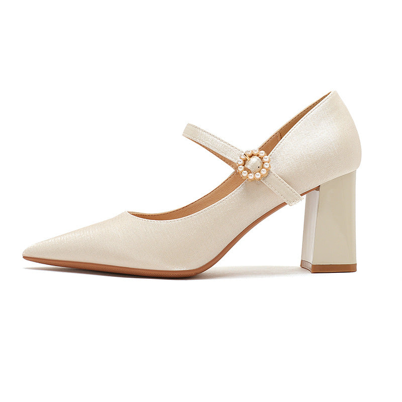Dame elegante spidse hælstuds Mary Jane pumps med perledetaljer Stilla