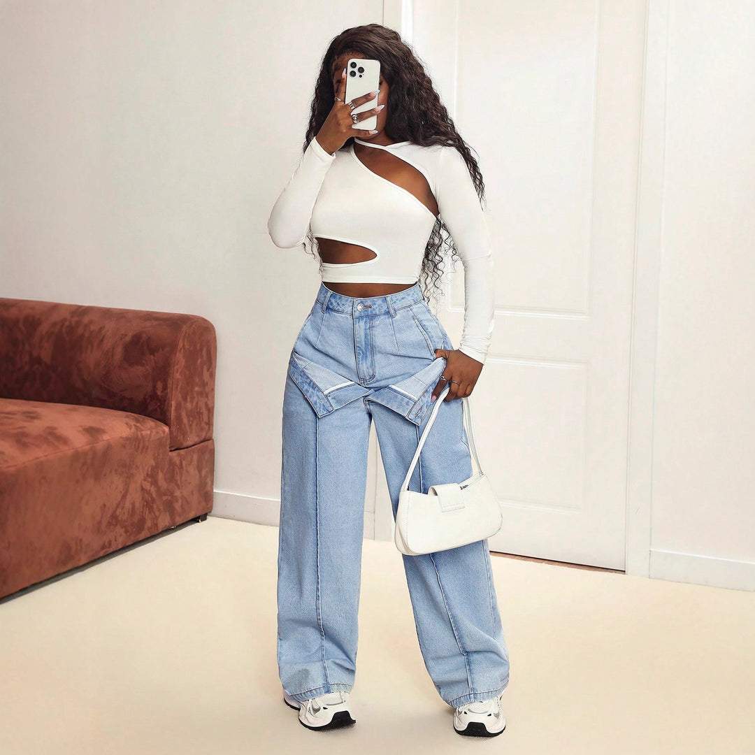 Kvinders brede jeans med innovativ skæring og asymmetrisk design Stilla