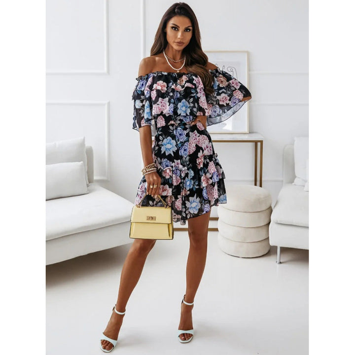 Dame Off-Shoulder Rynk Blomster Mini Kjole Stilla