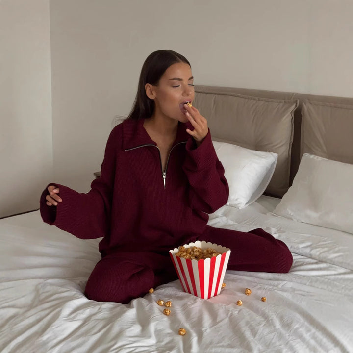 Kvinder Oversized Strikket Overall med Høj Krave og Halv Lynlås Skovae
