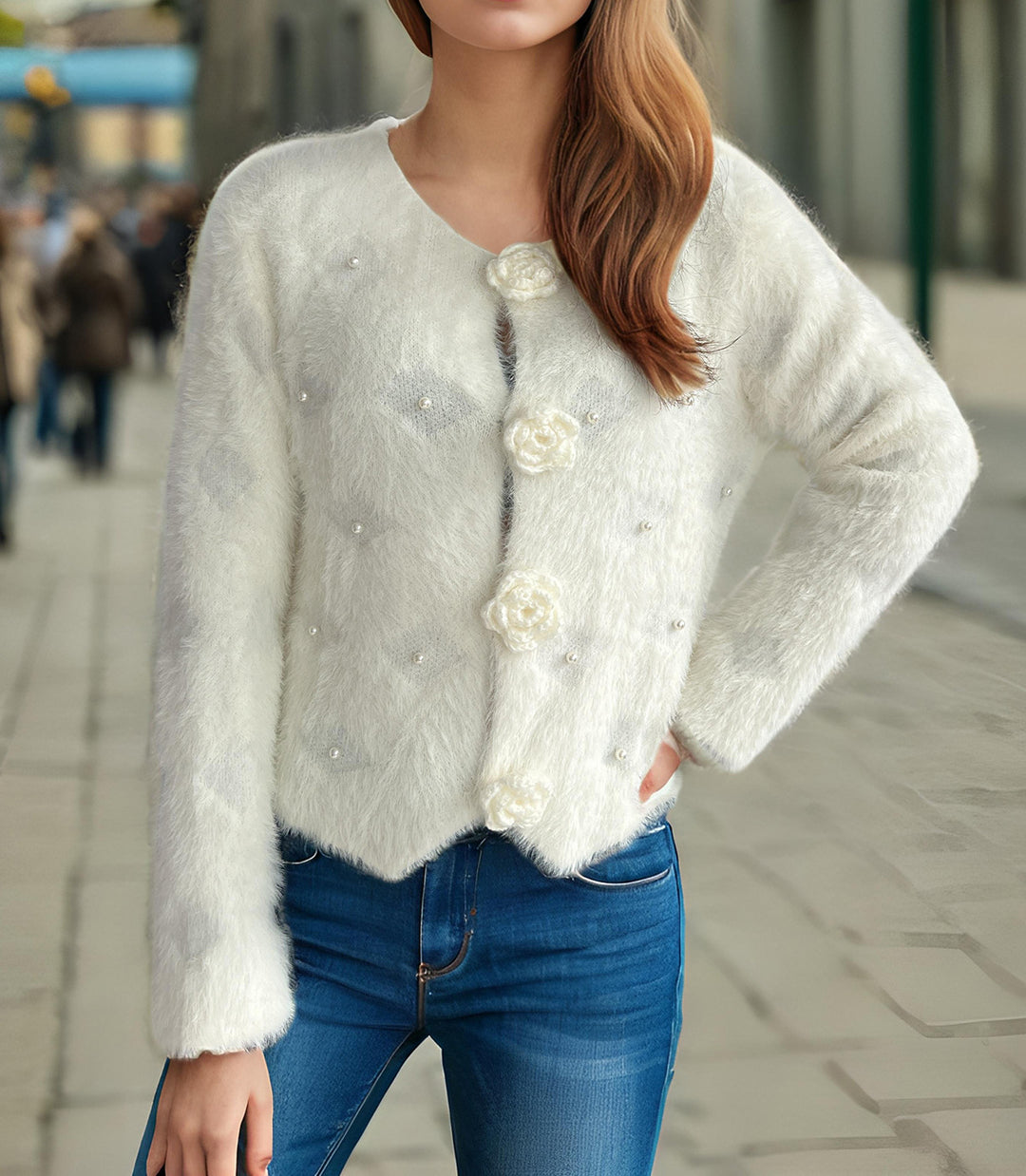Kvinders fine cardigan med blomsterapplikationer og perleaccenter Stilla