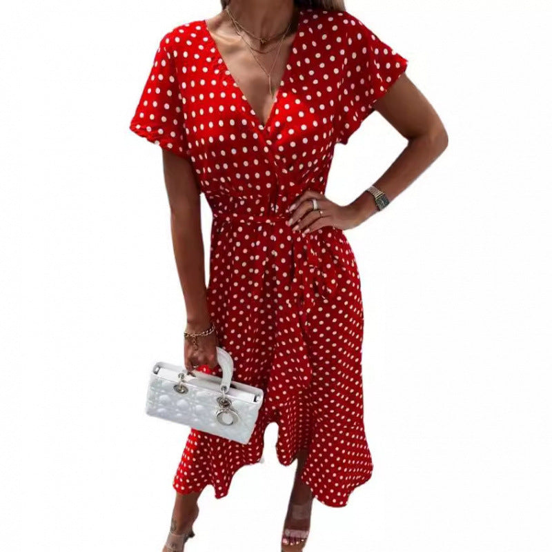Dame Polka Dot Wrapping-Midi-Kjole med Bindebælte Stilla