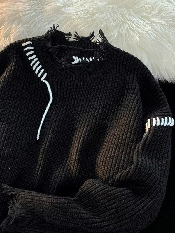 Dame Oversized Pullover med moderne frynser og unikke kontrastsyninger Stilla