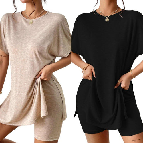 Dame afslappet lounge-sæt med oversized skjorte og shorts Stilla