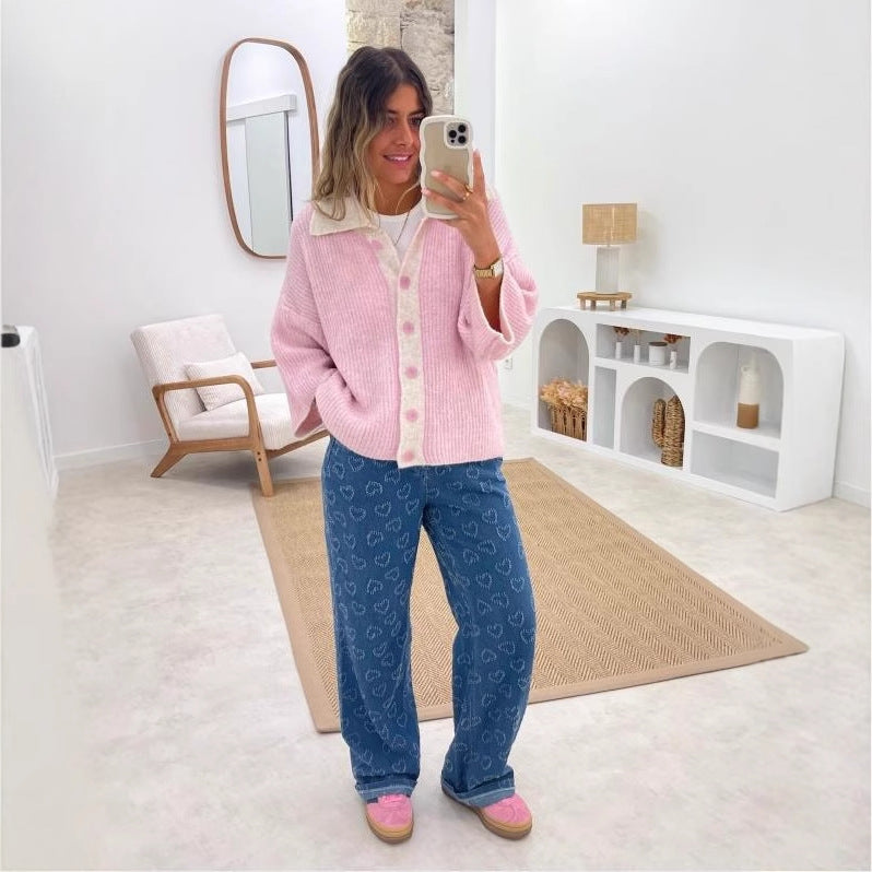 Dame brede jeans i legende hjerte-design Stilla