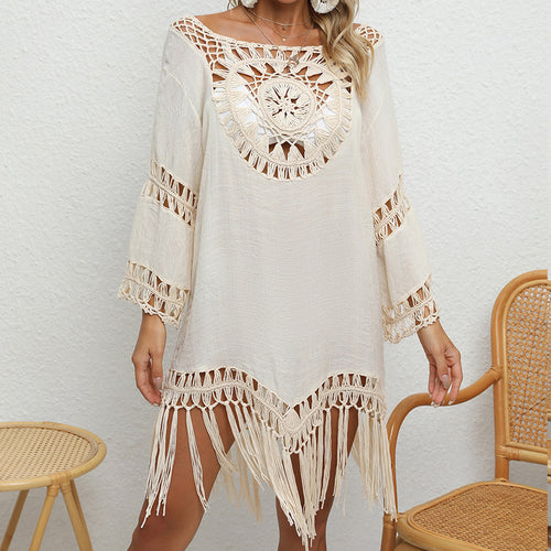 Dame hækle-strandkjole med frynset design og Boho-detaljer Stilla
