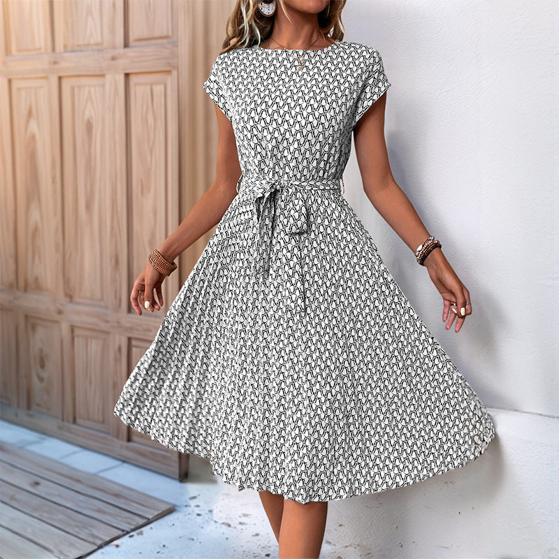 Dame Floral Print Midi Kjole med justerbar Talje Snor Stilla