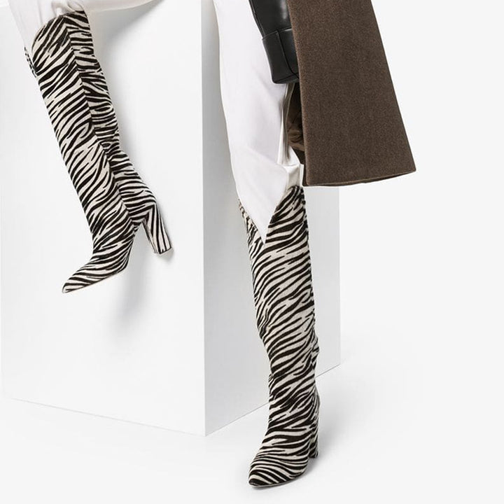 Femme Over-knæet Zebra Tryk Stiletto Støvler Stilla