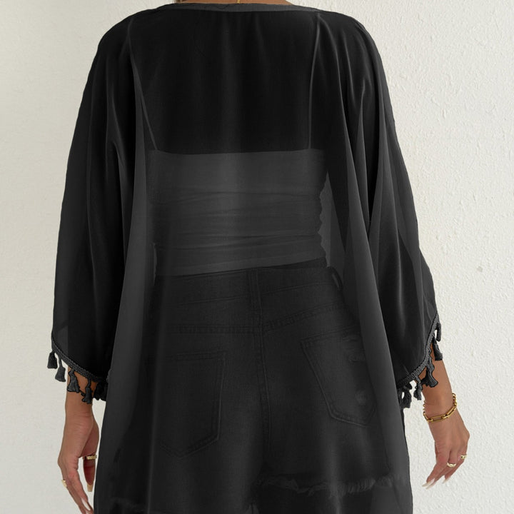 Dame Strandkimono med frynsede detaljer og luftig struktur Stilla