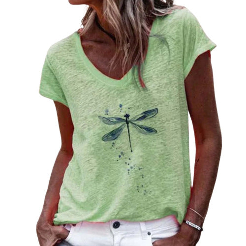 Dame Libelle Grafik V-Udsnit T-Shirt Stilla
