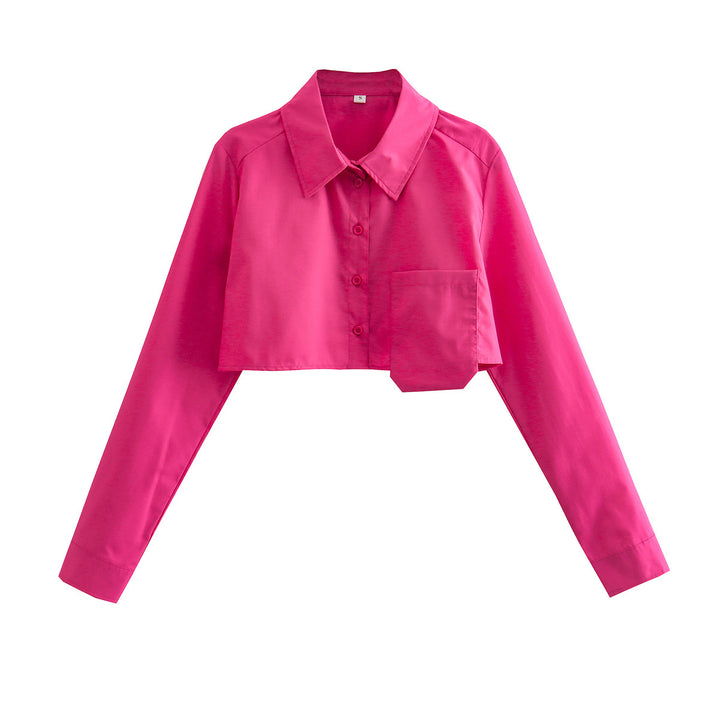 Dame Cropped Button-Up Skjorte med unikt Lomme-Detail Stilla
