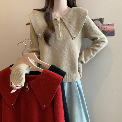 Kvinders strikket sweater med dekorativ krave og lynlås Stilla
