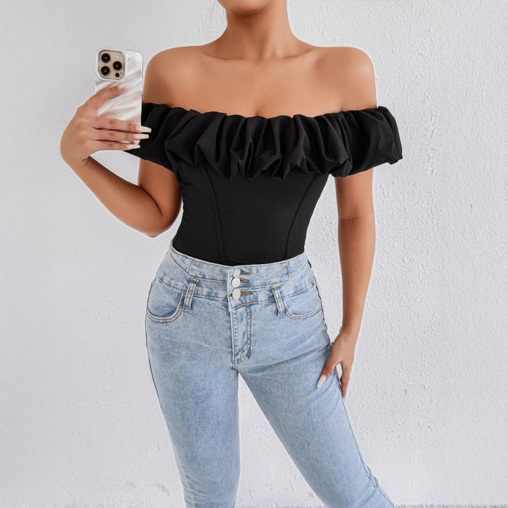 Dame Off-Shoulder Ryshe-skjorte med figursyet snit Skovae