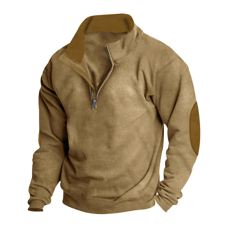 Herrer nan kort lynlås-ståkrave sweater med kontrastkrave og ruskind albue-patches Skovae