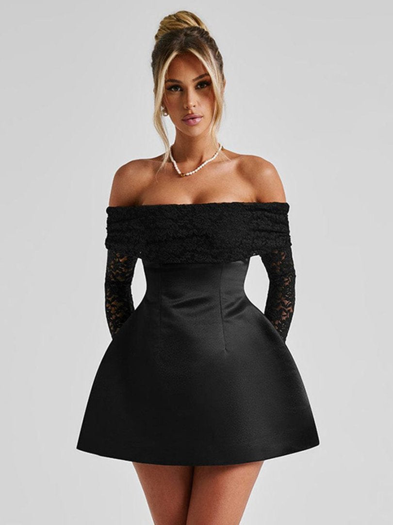 Dame Elegant Off-Shoulder Minikjole med Spidsærmer og taljeret Snit Skovae