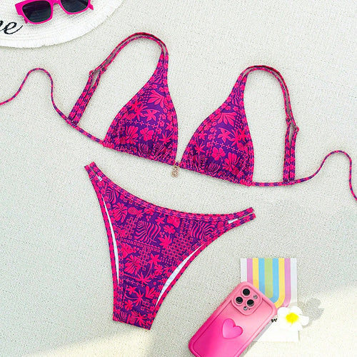 Dame Triangel-bikini-sæt med skinnende blomsterdesign og justerbare stropper Skovae