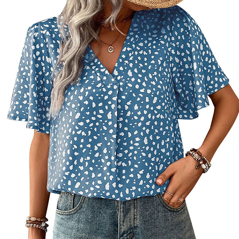 Dame V-hals T-shirt med leopardmønster og flydende snit Stilla