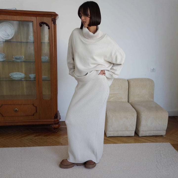 Kvinders strikket crop sweater og maxi nederdel sæt Stilla