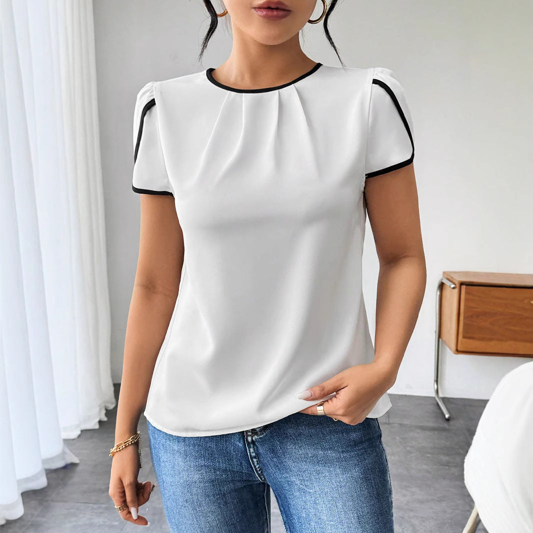 Dame elegant kortærmet bluse skjorte med moderne kontrastdetaljer Stilla