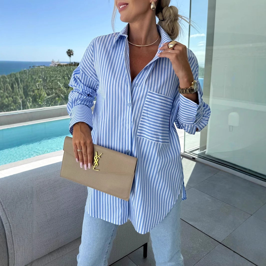 Dame Komfortabel Bluse med fine striber og brystlomme Stilla